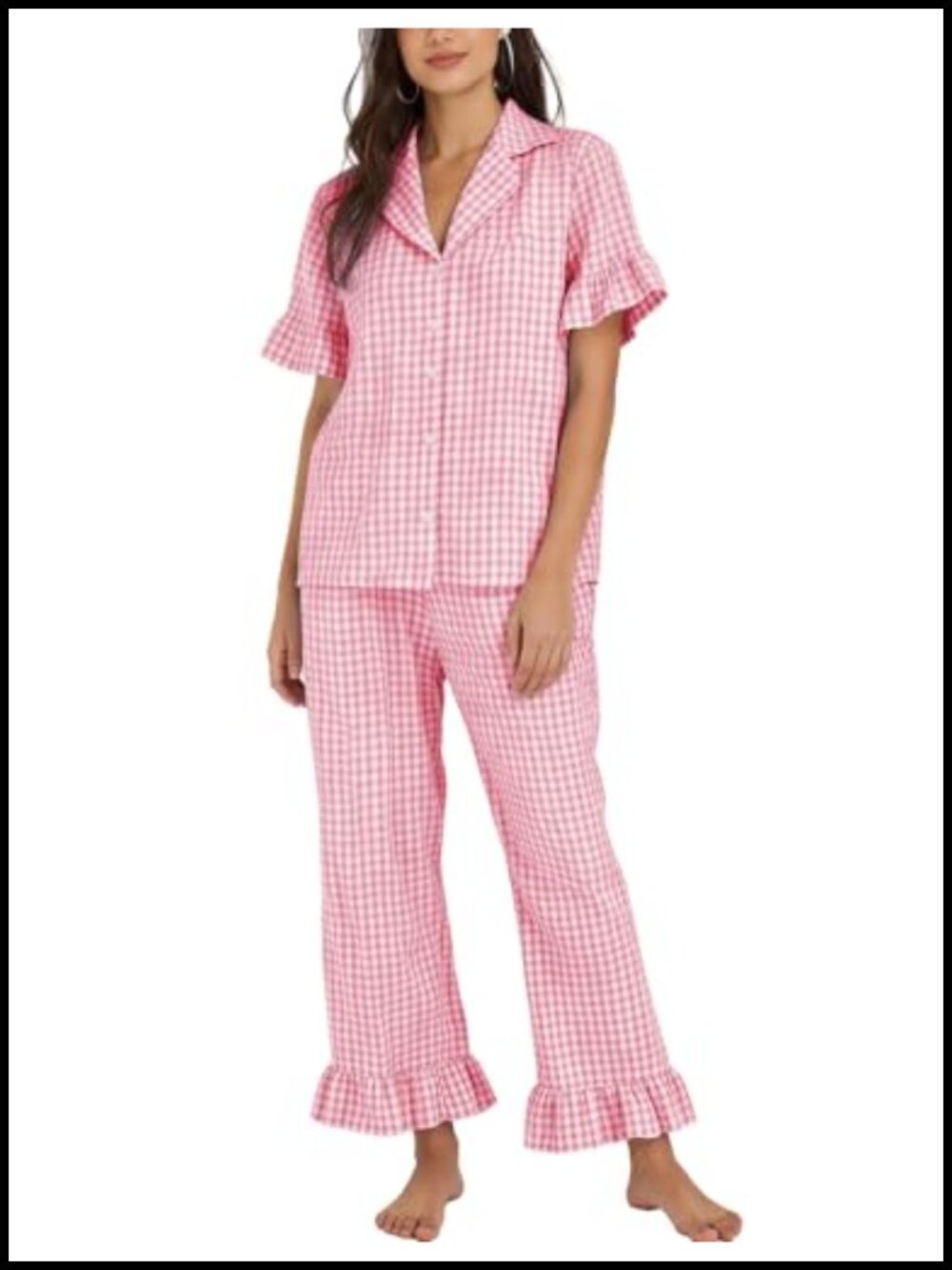 Womens Cotton Gingham Pajama Set Ruffle Short Sleeve Lounge 2 Piece